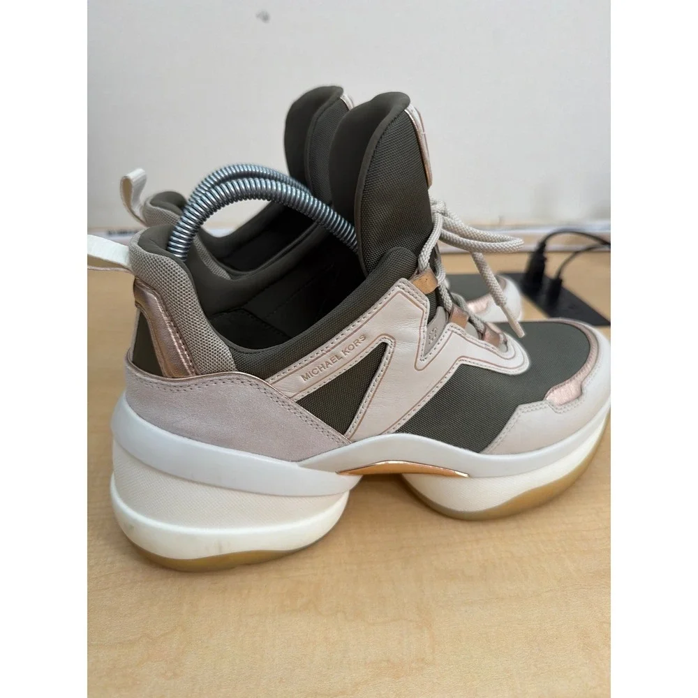 Michael Kors Cosmo Trainer Olive Green Cream Rose Gold Platform Sneakers 11M